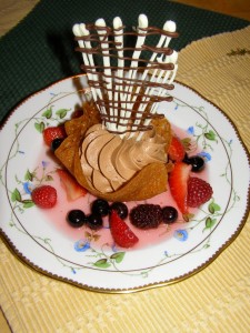 Brandy snap tuille with chocolate mousse